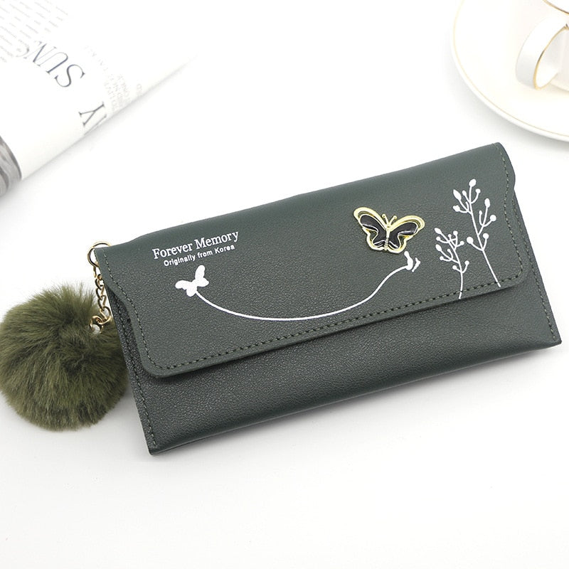 Long Wallets Pure Color Wool Ball Bow Clutch Bag