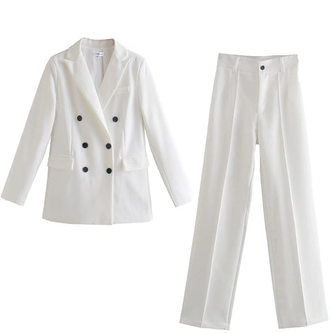 Women Jacket Double Breasted Notched Blazer Office Suit Pantsuit