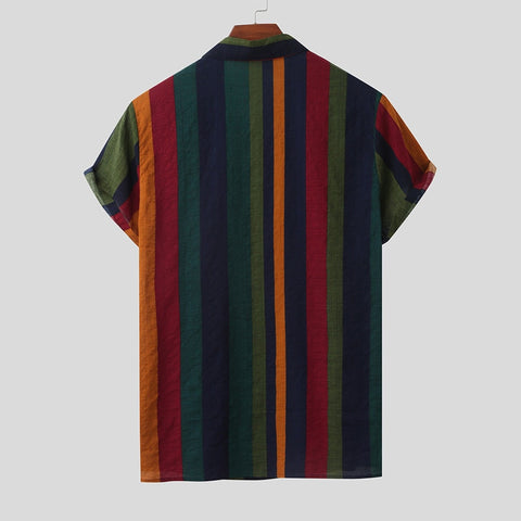 Hawaii Men Shirt Blouse Multicolor Stripes Loose Short Sleeve Casual Buttons