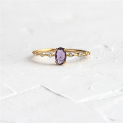 Simple Egg Shape Purple Crystal Gold Rings