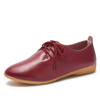 Genuine Leather Oxford Shoes For Women Round Toe Lace-Up Casual Shoes