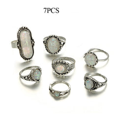 Vintage Antique Silver Color Rings Sets Colorful Opal Crystal Stone Carve