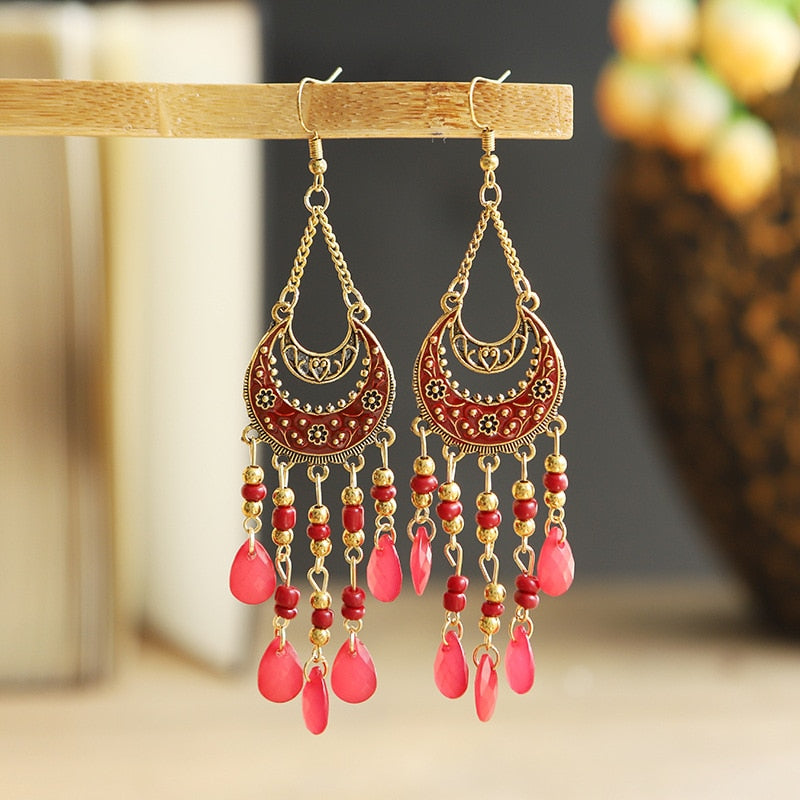 Bohemian Antique Gold Plated Long Water Drop Tassel Earrings