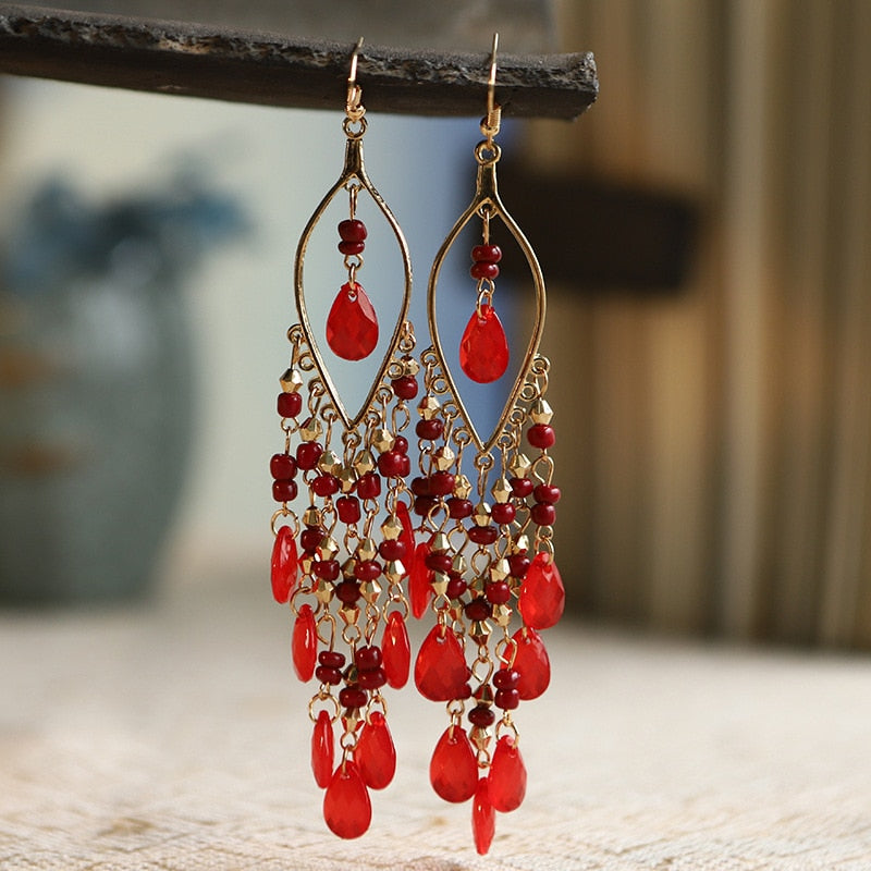 Bohemian Antique Gold Plated Long Water Drop Tassel Earrings