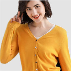 Solid V-Neck Women Cardigan Knitted Sweater Single Breasted Loose