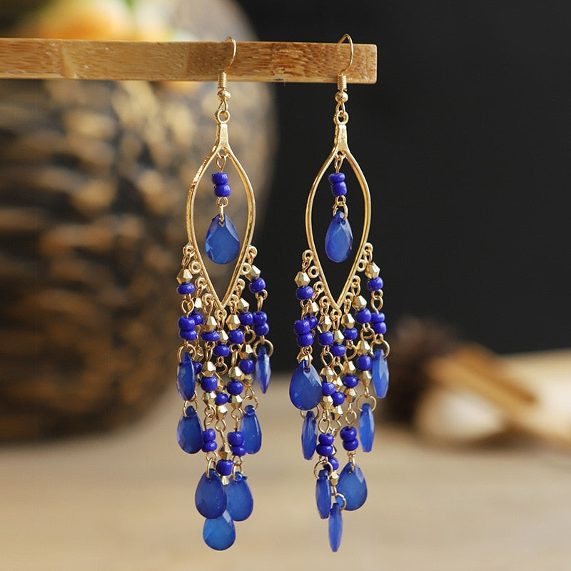 Bohemian Antique Gold Plated Long Water Drop Tassel Earrings