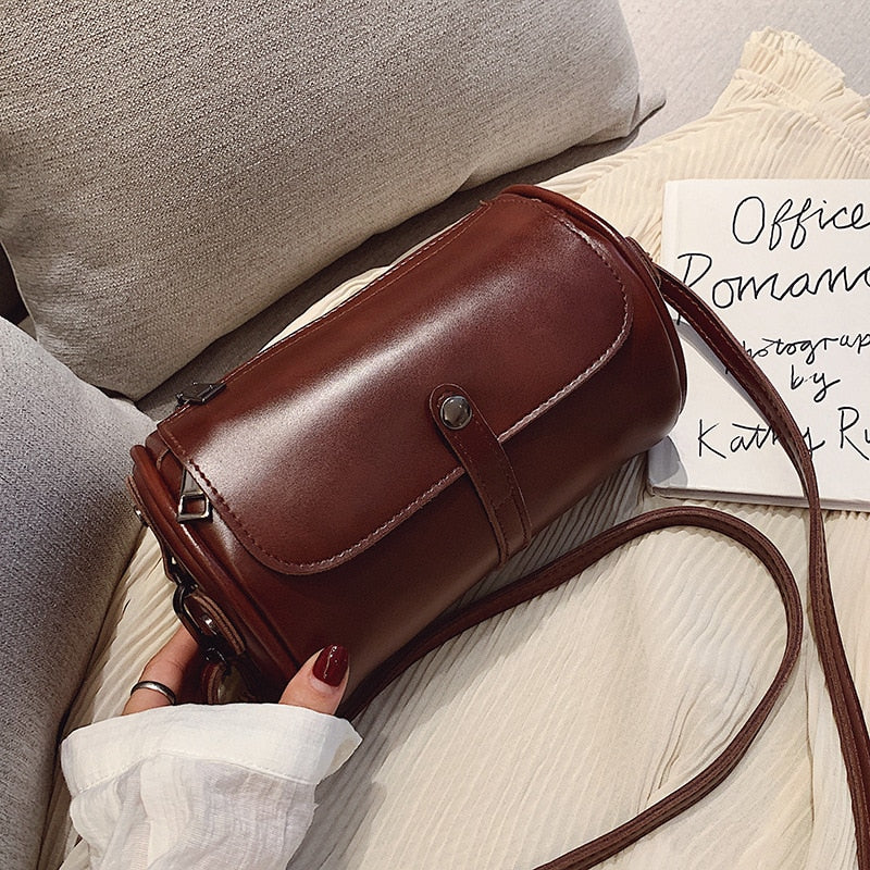 Casual Solid Color Barrel-Shaped Bag PU Leather Designer Handbags