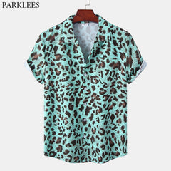 Leopard Print Mens Shirt Short Quick Dry Beach Shirts Men