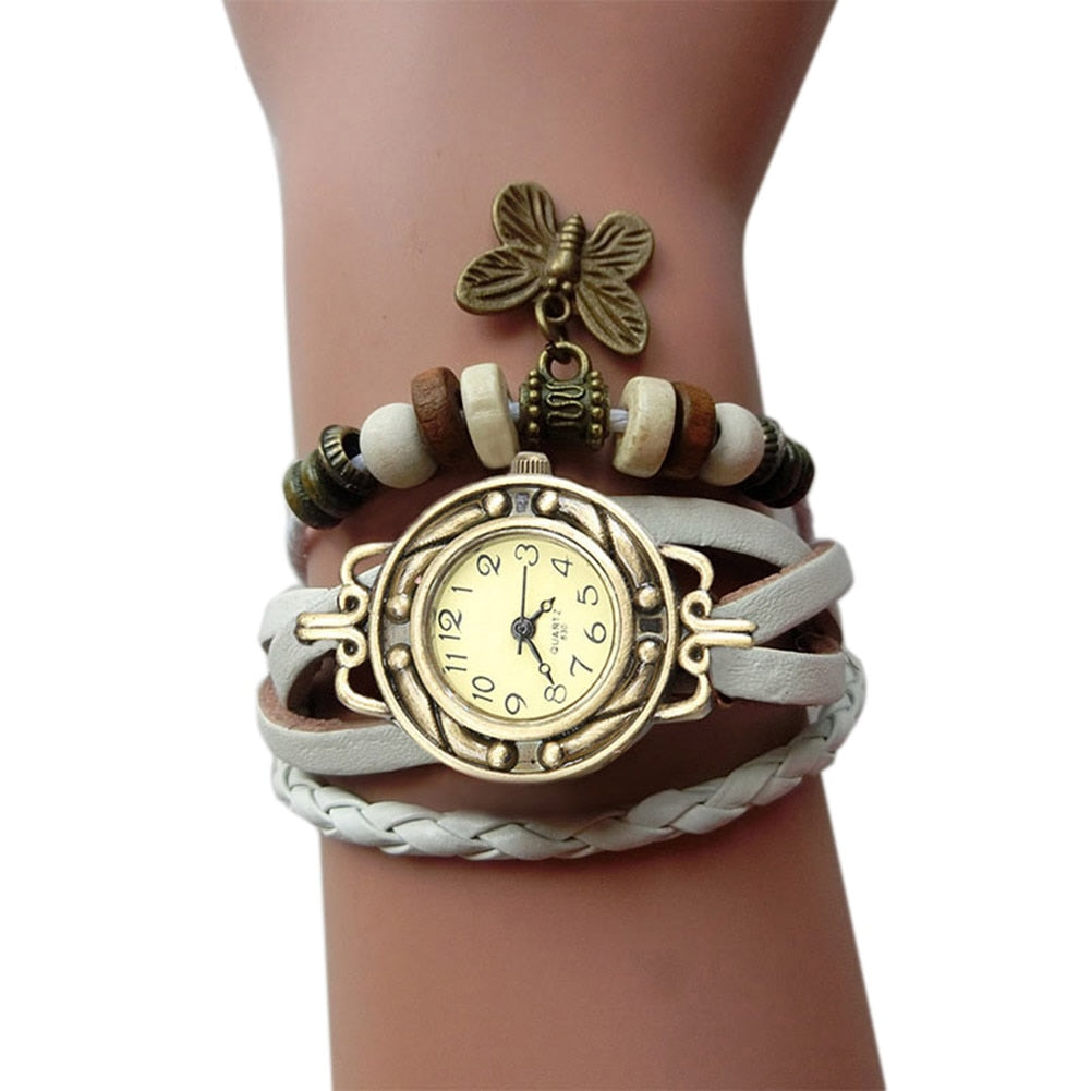Women Retro Bracelet Wrist Watch Weave Wrap Faux Leather Butterfly