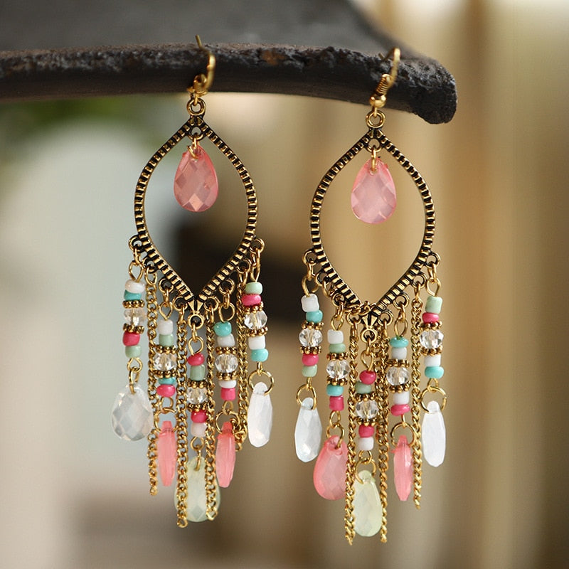 Bohemian Antique Gold Plated Long Water Drop Tassel Earrings