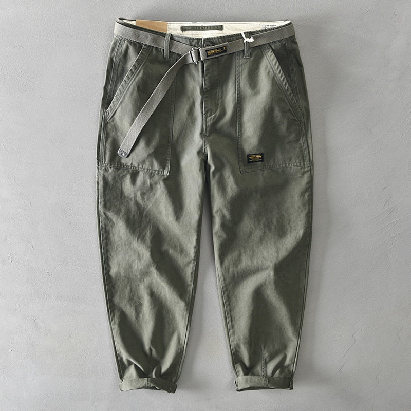 Pure Cotton Men Cargo Pants Korean Style Male Casual Loose Belt Mid Waist