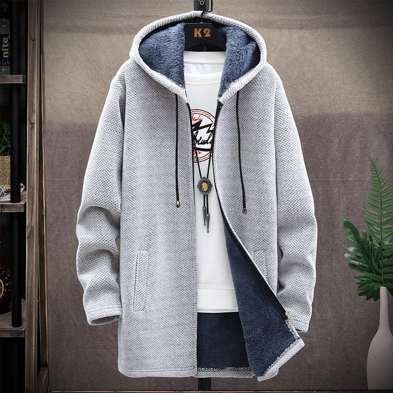 Long Cardigan Sweater Men Fleece Winter Jacket Men Slim Sweaters Hooded