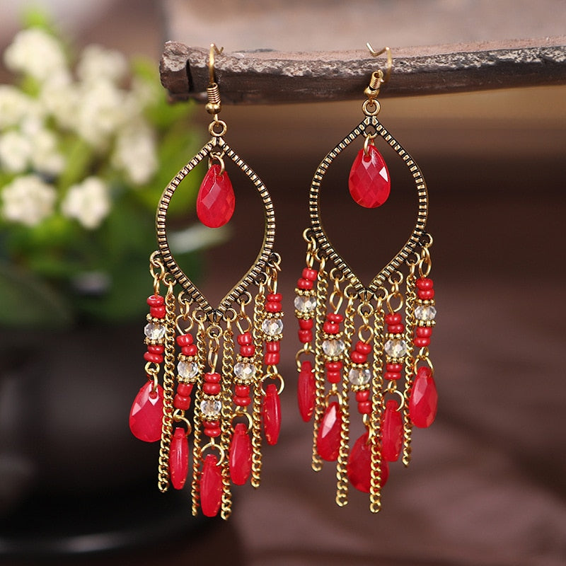 Bohemian Antique Gold Plated Long Water Drop Tassel Earrings