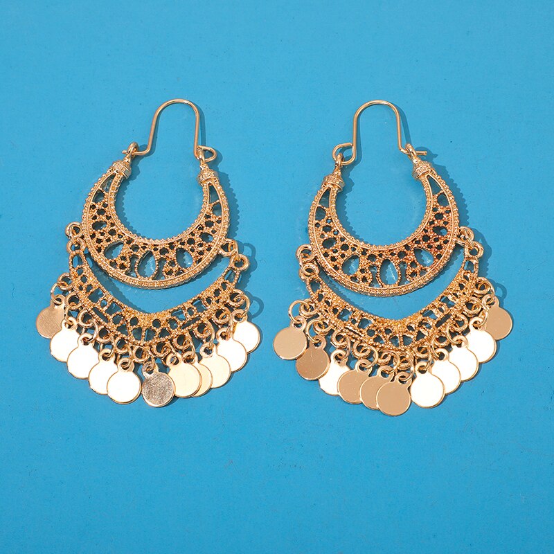 Wafer Tassel Drop Earrings for Women Hollow Geometric Punk Alloy Metal