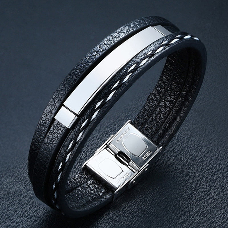 Multi Layer Leather Bracelets for Men Customizable Engraving Stainless Steel Casual