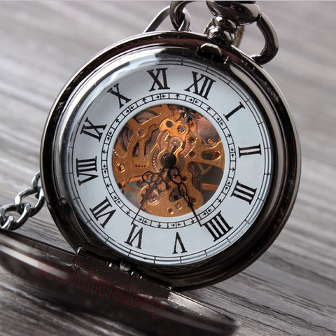 Retro Hand Wind Mechanical Pocket Watch With Fob Chain Mens