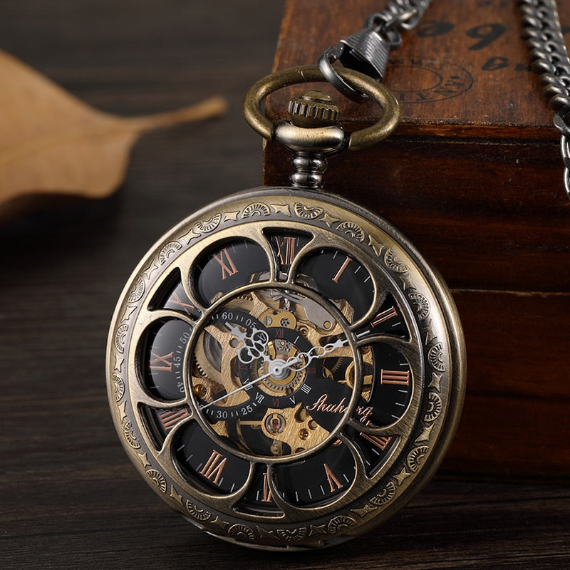 Bronze Mechanical Hand Wind Pocket Watches Roman Numeral