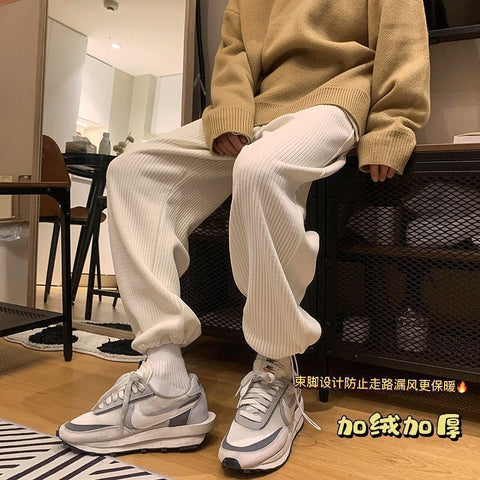 Man Casual Tie Leg Straight Pants Woman Corduroy Solid Color Oversize