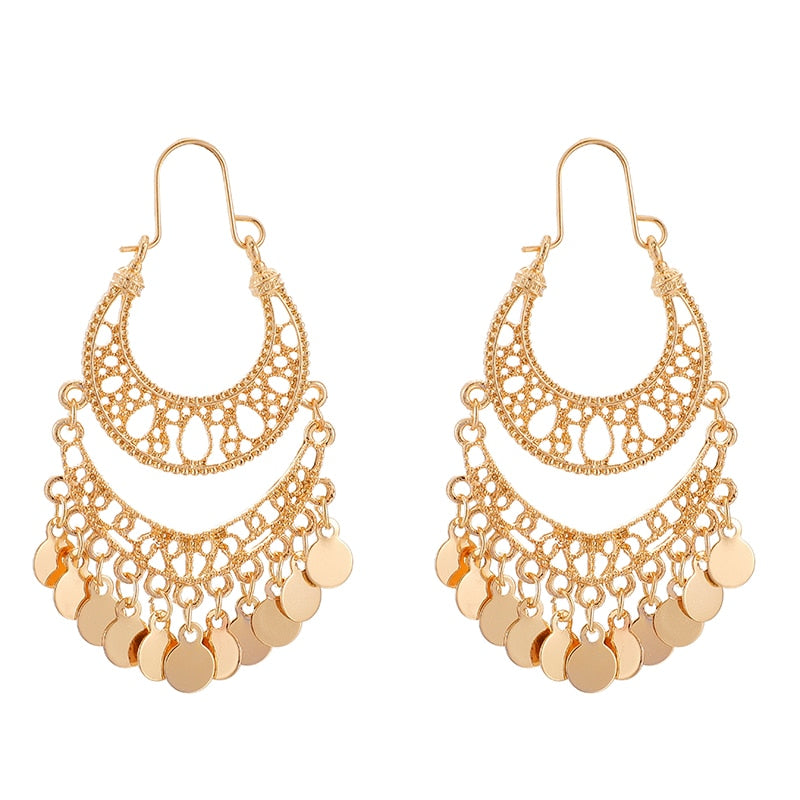 Wafer Tassel Drop Earrings for Women Hollow Geometric Punk Alloy Metal