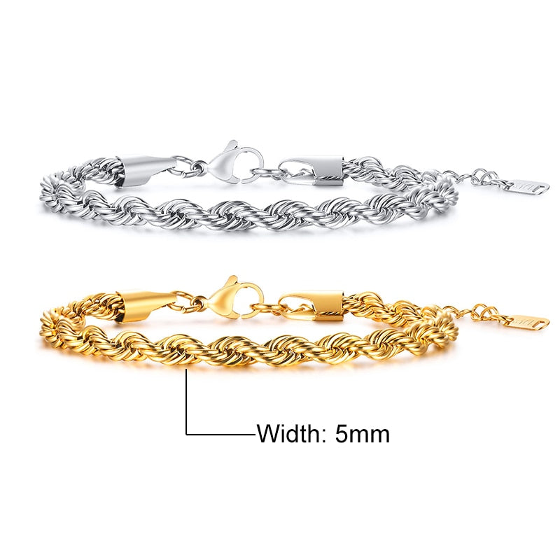 Basic 2/3/4/5mm Stainless Steel Twisted Rope Chain Bracelets