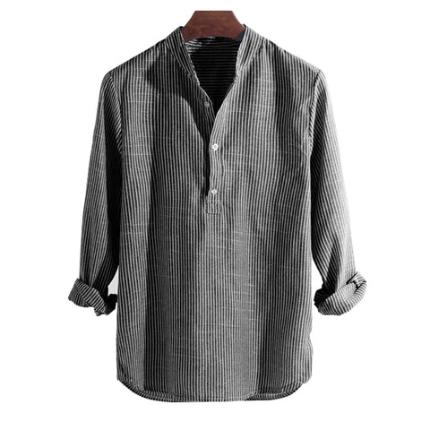 Long Sleeve Men Shirt Striped Slim Fit Stand Collar Shirt Male Clothes