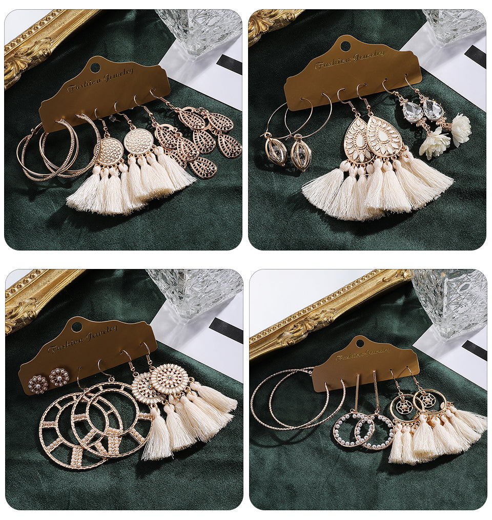 Big Round Beige White Tassel Earrings Set Ethnic Vintage Bohemian