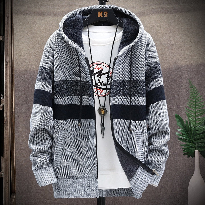 Winter Fleece Warm Sweater Men Hooded Cardigan Striped Slim Sweaters