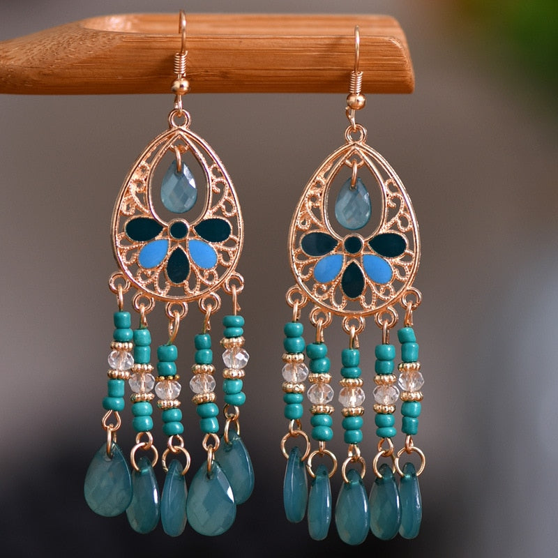 Bohemian Antique Gold Plated Long Water Drop Tassel Earrings