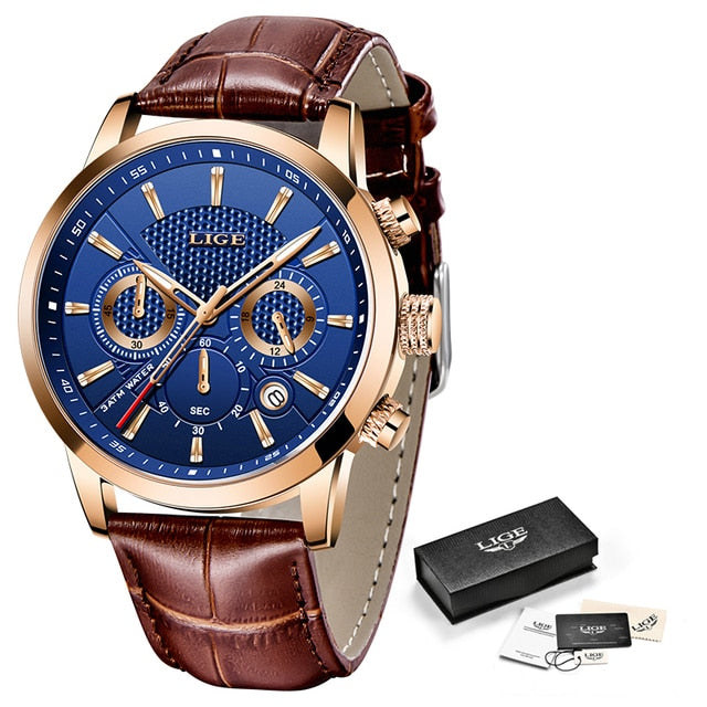 Mens Watches LIGE Top Brand Leather Chronograph Waterproof Sport