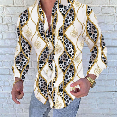 Men Printing Shirt Long Sleeve Turn Down Collar Streetwear Ethnic Style Tops