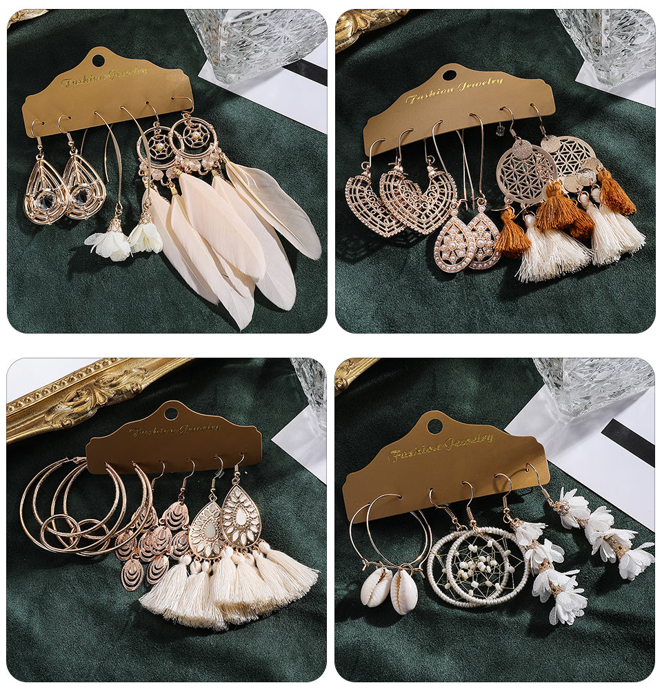 Big Round Beige White Tassel Earrings Set Ethnic Vintage Bohemian