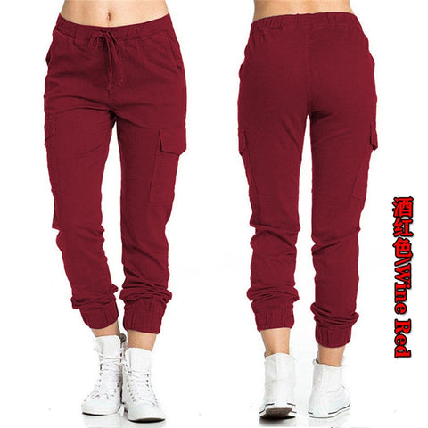 Solid Jogger Women's Cargo Pants Multi-Pocket Drawstring Elastic Waist