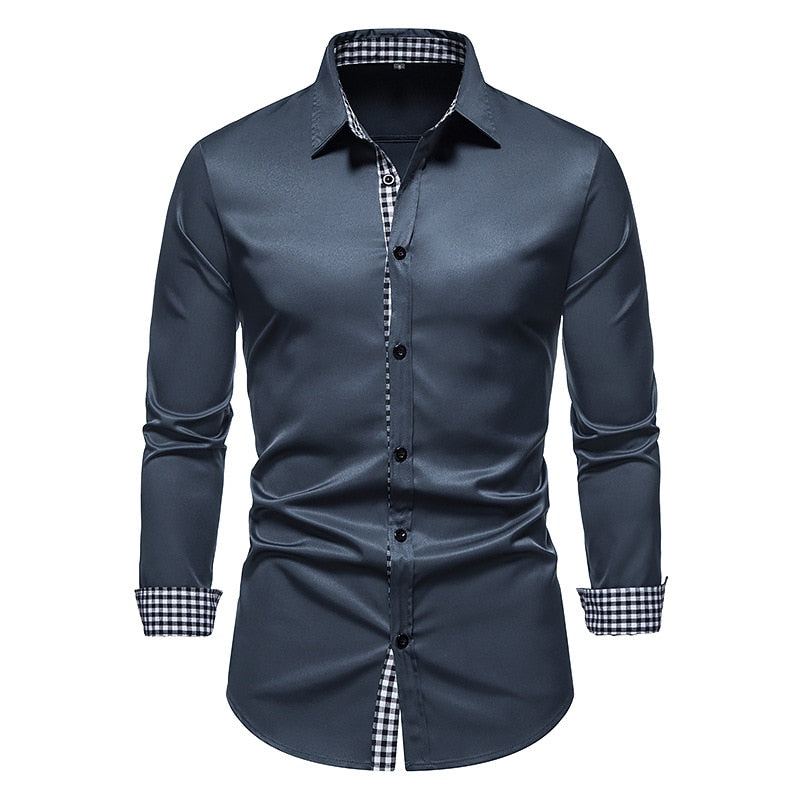 Plaid Patchwork Formal Shirts for Men Slim Long Sleeve White Button Up Shirt Dress