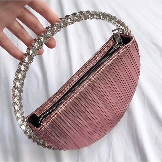 Rhinestone Circular Handle Evening Bag Designer Diamonds Round Red Clutch