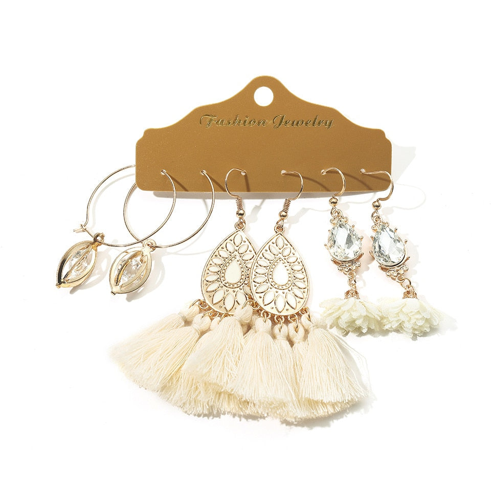 Big Round Beige White Tassel Earrings Set Ethnic Vintage Bohemian