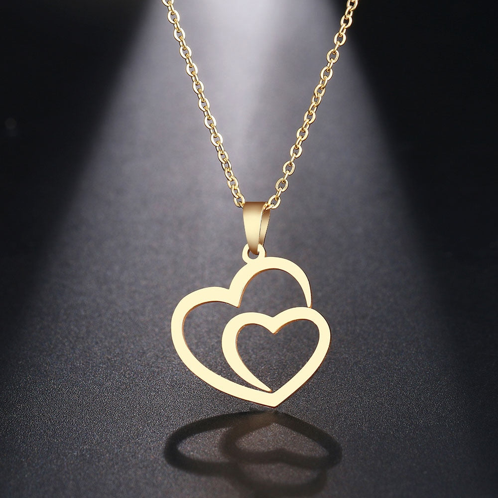 Stainless Steel Necklace For Women Man Hollow Double Heart Rose