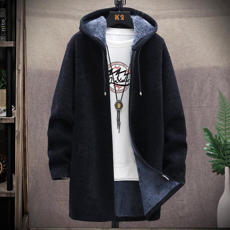 Long Cardigan Sweater Men Fleece Winter Jacket Men Slim Sweaters Hooded