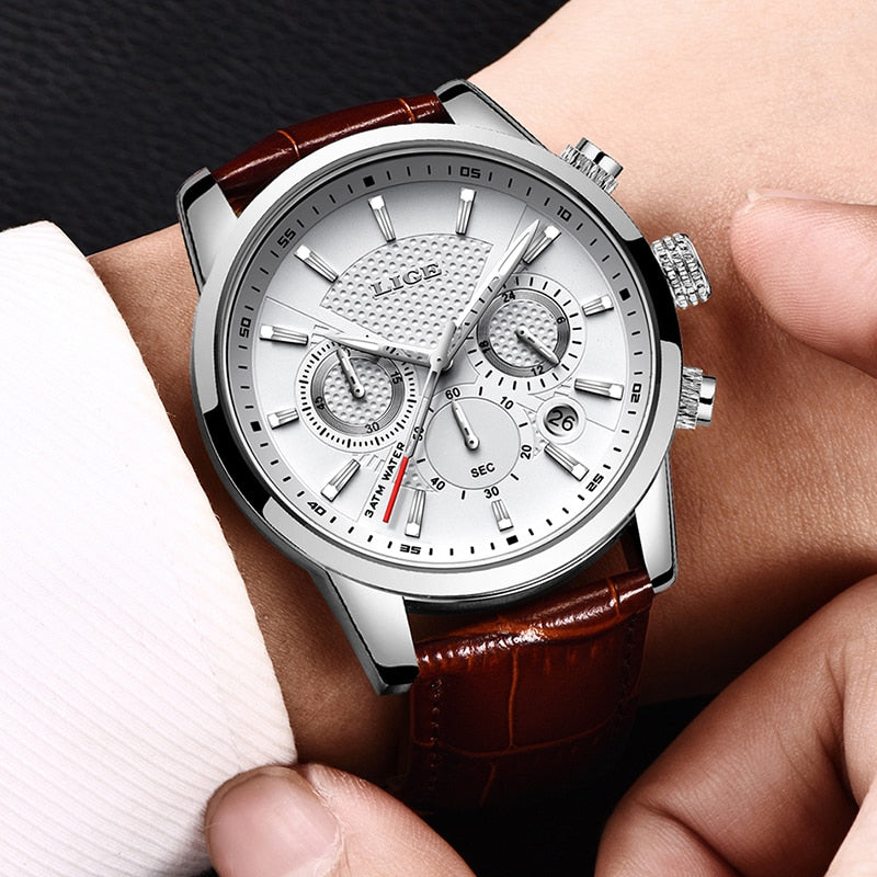 Mens Watches LIGE Top Brand Leather Chronograph Waterproof Sport