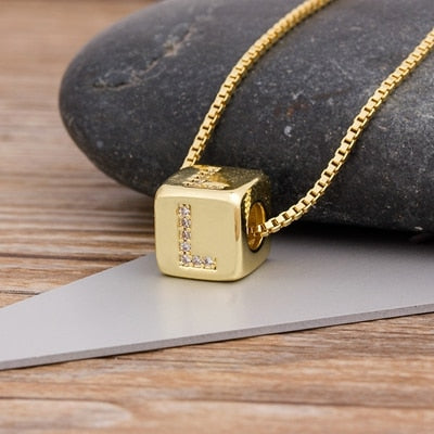 A-Z Initials Micro Pave Copper CZ Cube Letter Pendant Necklaces