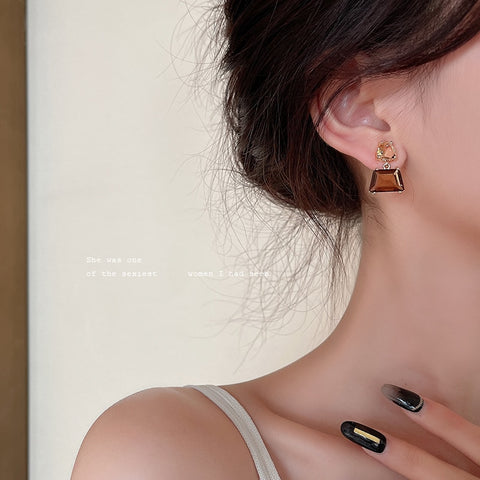 geometric tawny Crystal Square Gold Earrings