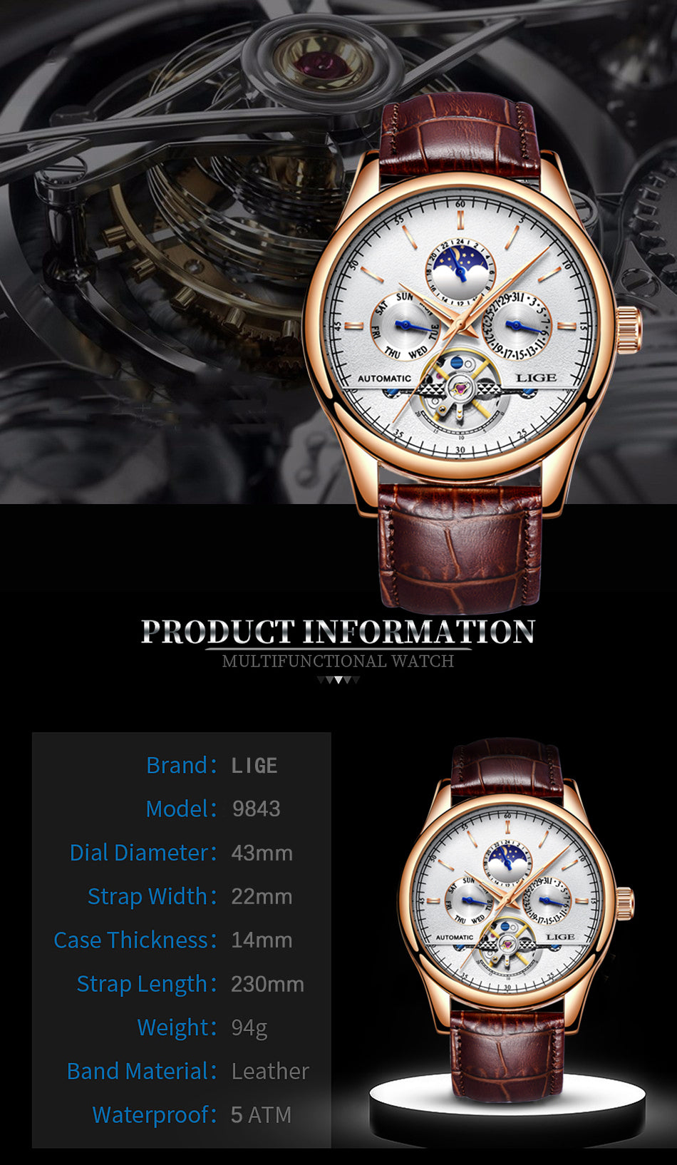 Relogio Masculin Mens Watches Automatic Mechanical Watch Men Leather Waterproof