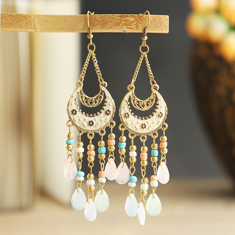 Bohemian Antique Gold Plated Long Water Drop Tassel Earrings