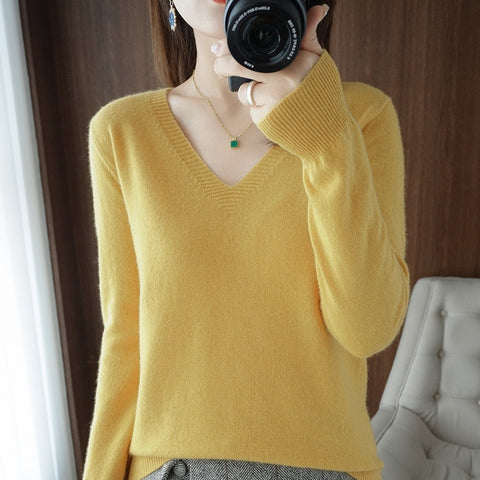Sweater Knitted Pullovers V-neck Slim Fit Bottoming Shirt Solid Soft Knitwear