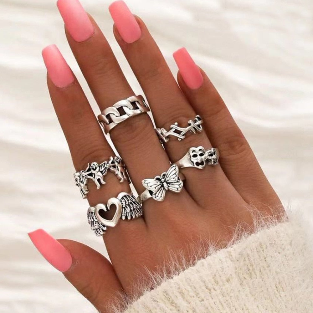 Vintage Boho Crystal Butterfly Rings Set