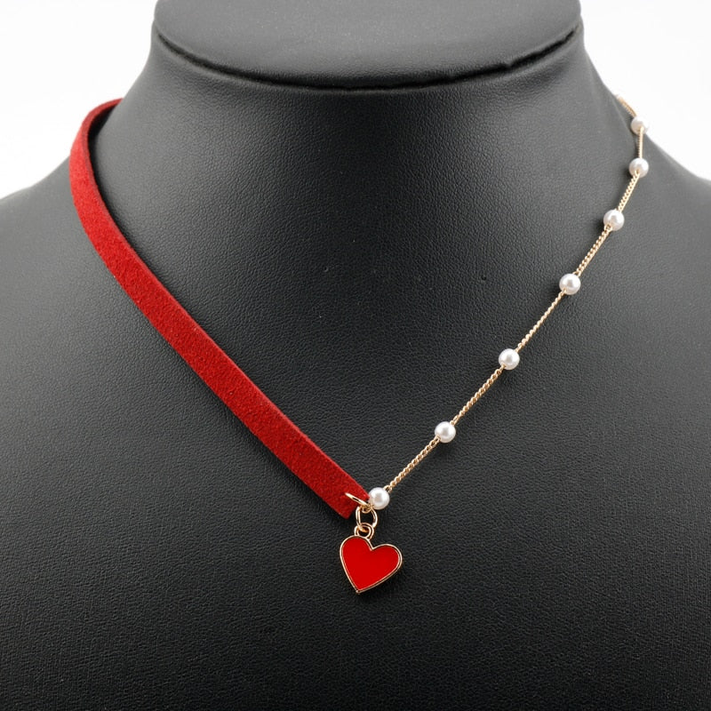 Red Black Heart Bead Choker Necklace