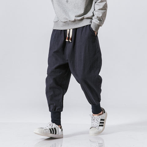 Cotton Harem Pants Men Solid Elastic Waist Streetwear Joggers