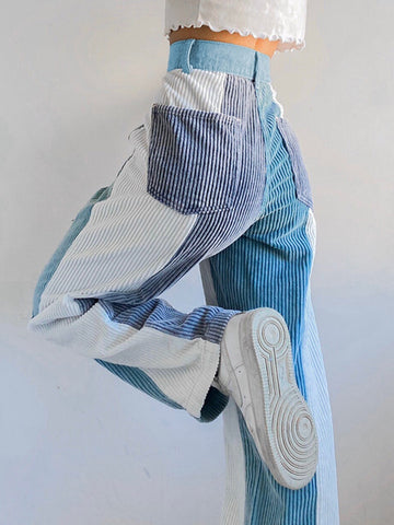 Y2k Corduroy Striped Patchwork Casual Pants High Waist Baggy Straight Trousers