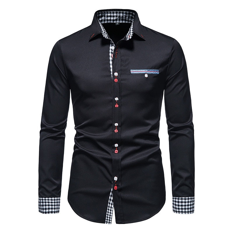 Plaid Patchwork Formal Shirts for Men Slim Long Sleeve White Button Up Shirt Dress