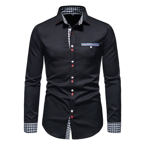 Plaid Patchwork Formal Shirts for Men Slim Long Sleeve White Button Up Shirt Dress