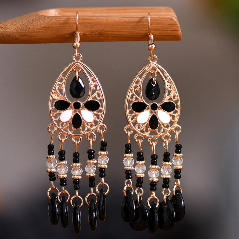 Bohemian Antique Gold Plated Long Water Drop Tassel Earrings